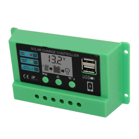 PWM Solar Charge Controller With Adjustable LCD Display For 12V 24V Systems, Durable Green Shell, Built To Last With Short Circuit Open Circuit Reverse Connection And Overload Protection, No Fuss Setup For Home And Small Business Use, 20A with LCD and USB port