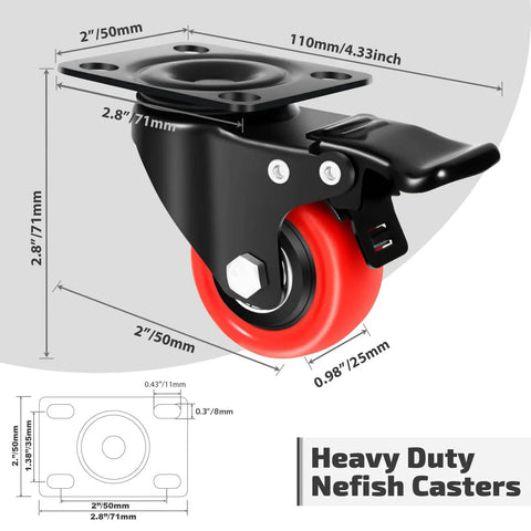 2 Inch Casters Set Of 4 Heavy Duty Top Plate Caster Wheels With Brake 600 Lbs Dual Locking Furniture Castors 360 Degree Swivel
