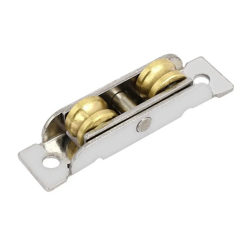 Heavy Duty Double Roller Sliding Window Pulley Wheels 304 Stainless Steel Glider Track Hardware in polished finish with brass rollers.