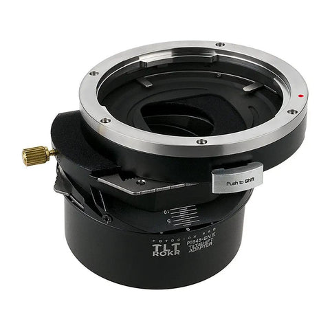 Tilt Shift Lens Mount Adapter For Pentax 645 Lenses To Sony E Mount Cameras With 20mm Total Shift 10 Degree Tilt And 360 Degree Rotation For Pro Grade High Precision Photography, black metal body