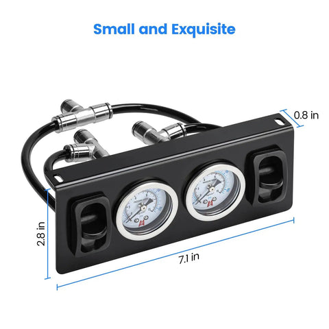 Panel Paddle Valve Switch With Two Air Suspension Pressure Gauges And Fittings For Car Air Bag System Lets You Dial In Ride Height Fast Durable And Secure For City Streets And Long Road Trips, shown front view with size measurements.