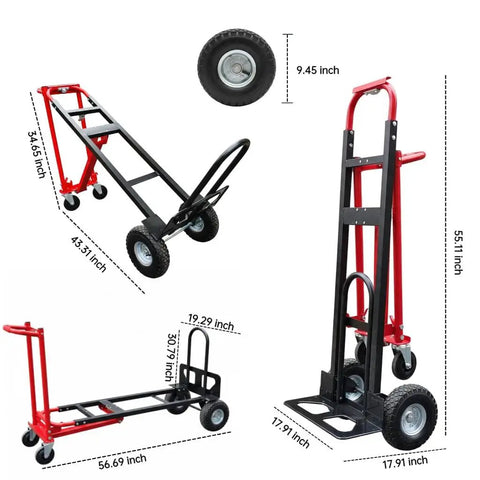 Convertible Hand Truck Dolly Cart Built To Haul Heavy Stuff With Four Wheels, Industrial Grade 1000 Lb Load, 2 Straps For Moving Furniture, Appliances, Boxes In Warehouse Or Office, Quick Assembly In Minutes Video Included showing various configurations