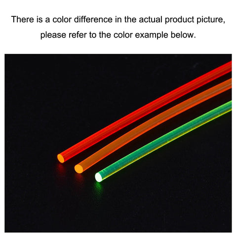 Three PMMA fiber-optic rods, 1.5mm x 20cm, red, orange and green with glowing tips on black background