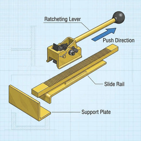 QWORK hardwood flooring jack and positioning tool, 2-pack; yellow jack with ratcheting lever and slide rail for install