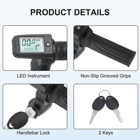 Twist Throttle for Electric Bikes and Scooters With LED Display, 24-72V Compatible, 3-Speed Adjustable Grip, Handlebar Lock