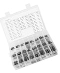 Spring Pin Set 280 Piece Stainless Steel Roll Pins Hollow Dowel Fasteners From M1.5 To M8 in storage box, top view.