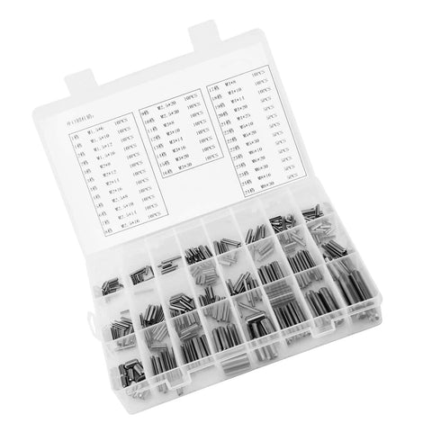Spring Pin Set 280 Piece Stainless Steel Roll Pins Hollow Dowel Fasteners From M1.5 To M8 in storage box, top view.