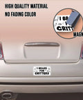 Installed magnetic bumper sticker for car, white with black I BRAKE FOR CRITTERS text and animal icons, 7.5x3.75 in
