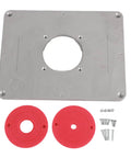 Upgrade Your Shop Game With This Heavy Duty Aluminum Router Table Insert Plate, 300x235mm, includes red bushings and mounting screws.