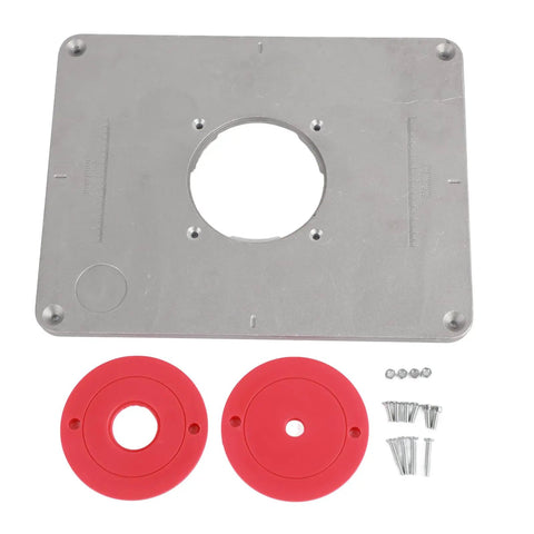 Upgrade Your Shop Game With This Heavy Duty Aluminum Router Table Insert Plate, 300x235mm, includes red bushings and mounting screws.