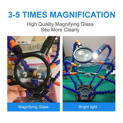 Six Arm Soldering Helping Hand Vise With LED Light And Magnifier showing 3-5 times magnification on aluminum base