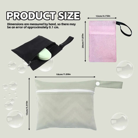 2 Pcs Travel Soap Bags Set With 2 Leakproof Waterproof Cases And 2 Foaming Nets shown with product dimensions