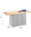 Heavy Gauge Steel Garage Workbench With Six Secure Lockers, Thick Hardwood Top Workspace Station For Power Tools And Daily Grind, 64 Inch Wide Shop Repair Table Without Vises, Beast Mode Setup, showing dimensions and design.