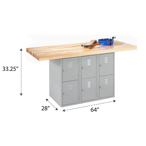 Heavy Gauge Steel Garage Workbench With Six Secure Lockers, Thick Hardwood Top Workspace Station For Power Tools And Daily Grind, 64 Inch Wide Shop Repair Table Without Vises, Beast Mode Setup, showing dimensions and design.