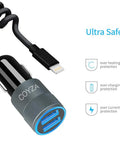 Road Ready MFi Certified Dual Port Car Charger Adapter With Snappy Coiled Cord for Apple and Android devices with safety features.