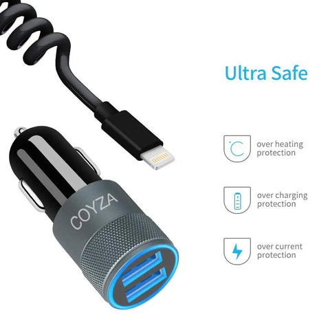 Road Ready MFi Certified Dual Port Car Charger Adapter With Snappy Coiled Cord for Apple and Android devices with safety features.