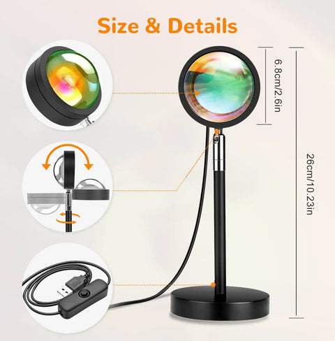 Diagram showing dimensions and details of Sunset Lamp With 16 Colors And 4 Modes Remote Control Color Changing Rainbow Light LED Projector