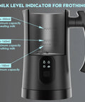 Side view of 4 In 1 Electric Milk Frother For Coffee And Hot Chocolate Automatic Warm And Cold Foam Maker 11.8oz 350ml with level indicators