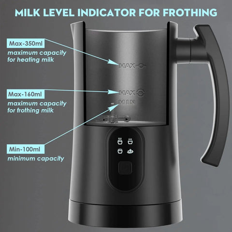 Side view of 4 In 1 Electric Milk Frother For Coffee And Hot Chocolate Automatic Warm And Cold Foam Maker 11.8oz 350ml with level indicators