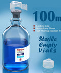Front view of a 100 mL borosilicate glass sterile vial with locking cap and self-healing injection port