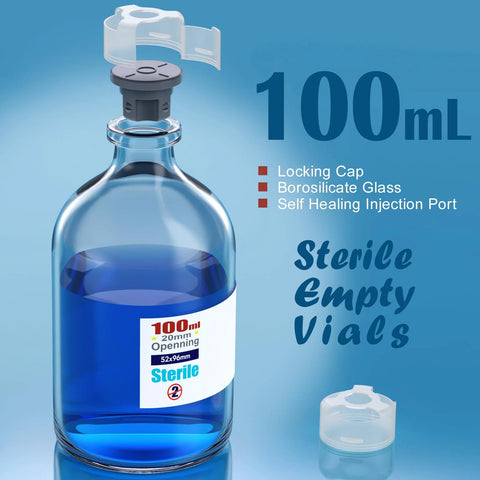 Front view of a 100 mL borosilicate glass sterile vial with locking cap and self-healing injection port