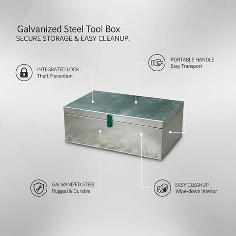 Durable Galvanized Steel Tool Box With Lock And Handle For Workshop, Truck Bed, And Job Site Organization, angle view
