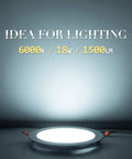 Six Pack 8 Inch LED Recessed Lights With Junction Box, Ultra Thin Canless Wafer Downlights, 6000K Daylight, 18W, 1500 Lumens, Non Dimmable, CRI 80+, Recessed Ceiling Canless Downlight For Living Room Kitchen Bedroom displayed on a table