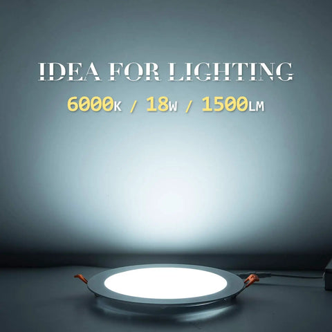 Six Pack 8 Inch LED Recessed Lights With Junction Box, Ultra Thin Canless Wafer Downlights, 6000K Daylight, 18W, 1500 Lumens, Non Dimmable, CRI 80+, Recessed Ceiling Canless Downlight For Living Room Kitchen Bedroom displayed on a table