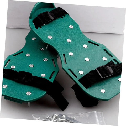 Adjustable Lawn Aerator Shoes Straps With Durable Spiked Shoelaces 16 Pack for gardening and lawn care, shown with securing straps