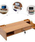 Transform Your Workspace With These Solid Wood Monitor Risers Featuring A Lockable Storage Drawer With Secure Laptop Stand Built Like Iron To Keep Your Desk Slick And Super Organized Daily - Side view with key lock.