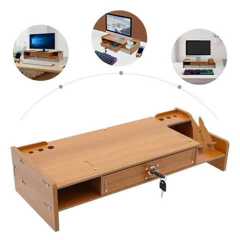 Transform Your Workspace With These Solid Wood Monitor Risers Featuring A Lockable Storage Drawer With Secure Laptop Stand Built Like Iron To Keep Your Desk Slick And Super Organized Daily - Side view with key lock.