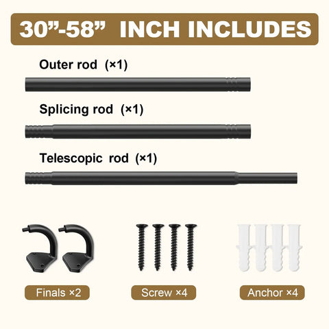 Wrap Around Blackout Curtain Rods For Windows 30 To 60 Inches, Adjustable Five Eighth Inch Rod, Black Finish, kit components