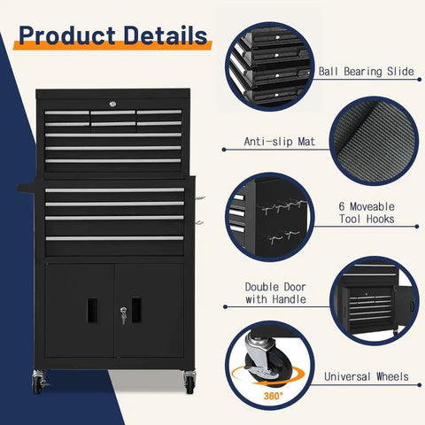 Heavy Duty Tool Chest And Rolling Cart Combo, Built Tough With Cold Rolled Steel, Smooth Ball Bearing Glides, Secure Locking Cabinet, Rock Solid Garage Workhorse Mobile Storage Organizer For Any Shop Setup In Black