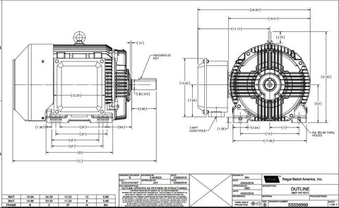Technical drawing of Heavy Duty 75 Hp Three Phase Electric Motor 1800 Rpm 230 460 Volt Nema 365T Frame Tefc Enclosure.