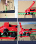 Straight Up Rock Solid Heavy Duty Poly Strapping Tensioner Cutter used to wrap a box with green polypropylene strap.