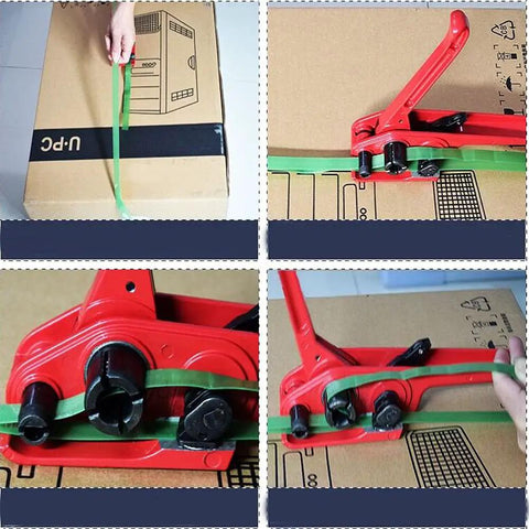 Straight Up Rock Solid Heavy Duty Poly Strapping Tensioner Cutter used to wrap a box with green polypropylene strap.