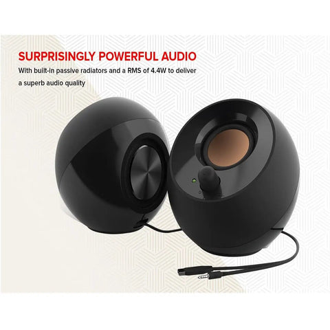 Pebble 2.0 USB Powered Desktop Speakers With Far Field Drivers And Passive Radiators For PCs And Laptops Black Renewed Certified Refurbished Crisp Sound For Your Desk Setup, showing dual speakers with power cable.
