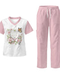 Stethoscope Teeth Print Scrubs Set for Women Pink Pants 2 Piece Nursing Uniform Featuring V Neck Top and Straight Leg Pants