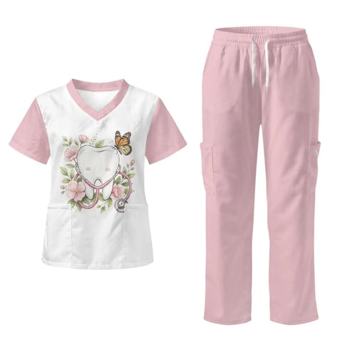 Stethoscope Teeth Print Scrubs Set for Women Pink Pants 2 Piece Nursing Uniform Featuring V Neck Top and Straight Leg Pants