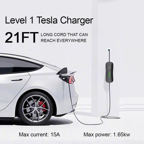 Level 1 Tesla Charger For Home 110V 15A With NACS Connector And 21ft Cable NEMA 5-15 Plug Portable EV Charger For Model Y 3 S X Delivers Up To 1.65 kW Outdoor Ready Safe And Reliable charging a Tesla car