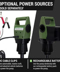Electric Drum Pump With Quick Slide Telescopic Tube For Smooth DEF And Cleaner Transfer No Sweat Operation Easy Twist Grip Built Tough For Long Days On The Job Site Right Now showing optional power sources with DC cable clips and rechargeable battery.