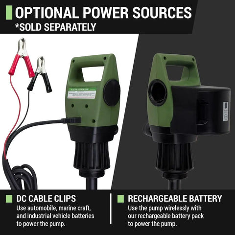 Electric Drum Pump With Quick Slide Telescopic Tube For Smooth DEF And Cleaner Transfer No Sweat Operation Easy Twist Grip Built Tough For Long Days On The Job Site Right Now showing optional power sources with DC cable clips and rechargeable battery.