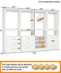 Modular Walk In Closet System With Nine Drawers Seven Shelves And Eight Rods, dimensions and assembly instructions in clean white design.