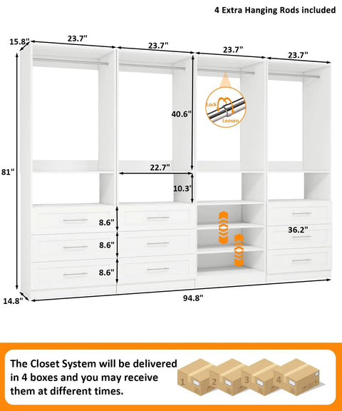 Modular Walk In Closet System With Nine Drawers Seven Shelves And Eight Rods, dimensions and assembly instructions in clean white design.