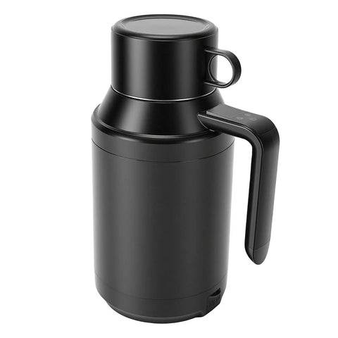 Road Warrior 12v Car Kettle Boils Fresh Water Fast With No Sweat Sipping And Top Tier Stainless Steel Build. Black kettle with handle.