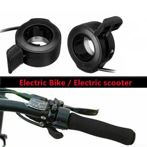 Black thumb throttle for electric bike and scooter with responsive hall sensor, easy install, non-slip grip, fits most models.