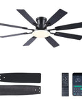 60 Inch Ceiling Fan With Lights And Remote Control, Low Profile Flush Mount, Black Finish, DC Reversible Motor, displayed with dual-finish blades and remote control.