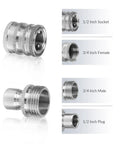 Heavy Duty Stainless Steel Pressure Washer Adapter Set With Swivel M22 14 And 15 Mm To Three Eighths Inch Quick Connect And Three Fourths Inch To One Half Inch Quick Release Eight Piece Kit close-up of sockets and plugs