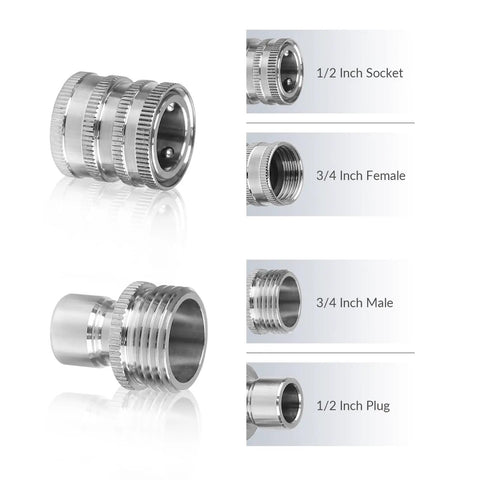 Heavy Duty Stainless Steel Pressure Washer Adapter Set With Swivel M22 14 And 15 Mm To Three Eighths Inch Quick Connect And Three Fourths Inch To One Half Inch Quick Release Eight Piece Kit close-up of sockets and plugs