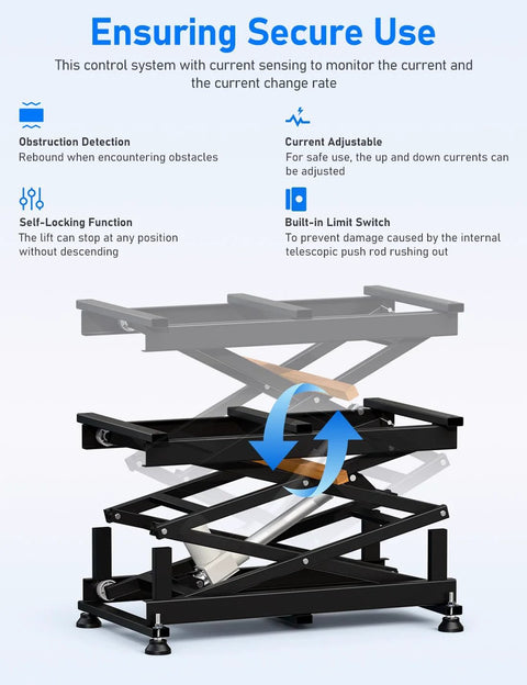 Front view of DIHOOL electric scissor lift table with a black metal frame and lifting platform.
